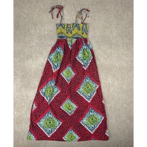 Fresh Karma Tank Dress Women's L Multicolor African Print Boho Smocked Tie Strap
